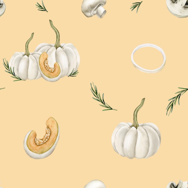 Watercolor seamless pattern with pumpkins mushrooms onion rings and rosemary on peach background