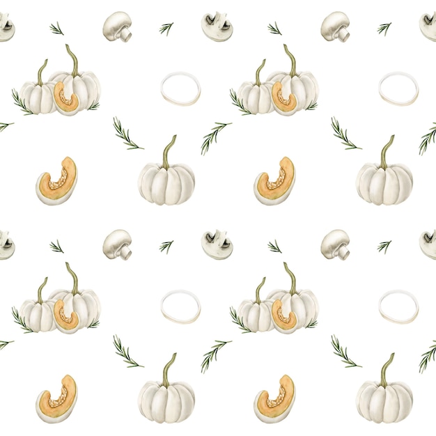 Watercolor seamless pattern with pumpkins mushrooms onion rings and rosemary on white background