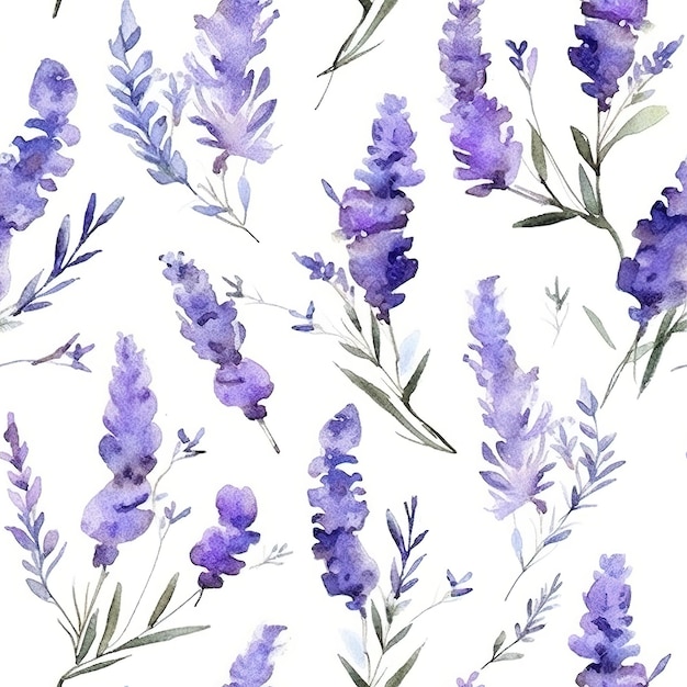 Watercolor seamless pattern with purple flowers on a white background.