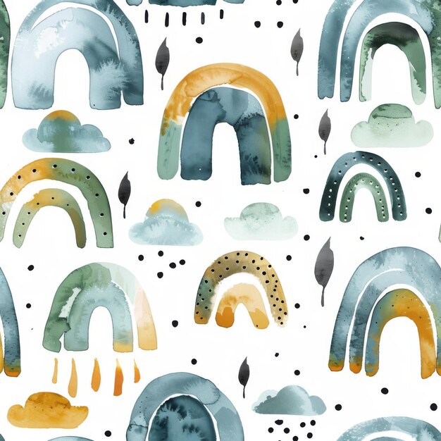 Watercolor seamless pattern with rainbows clouds and doodles