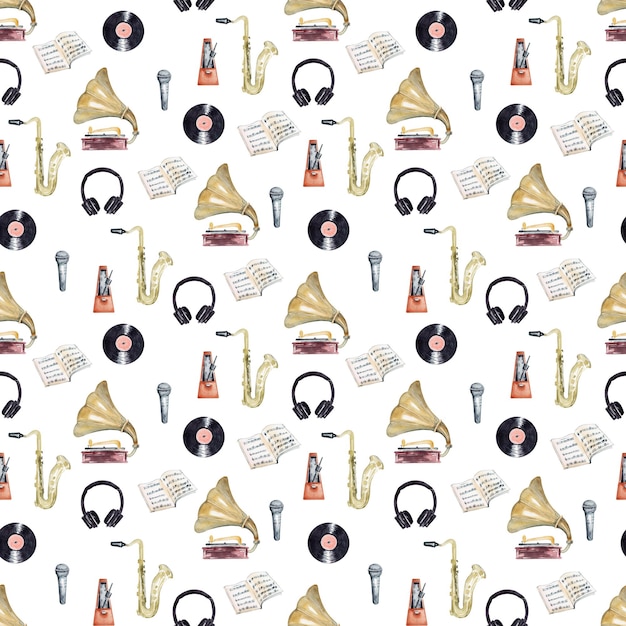 Watercolor seamless pattern with retro musical instruments