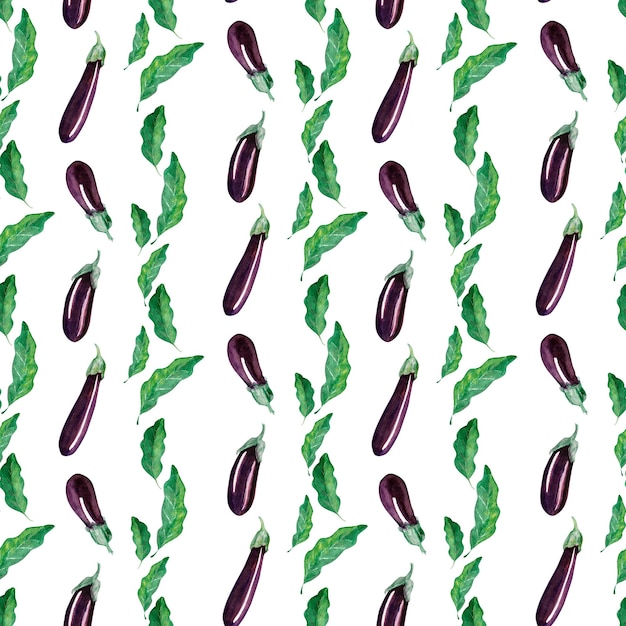 Watercolor seamless pattern with ripe shiny eggplants