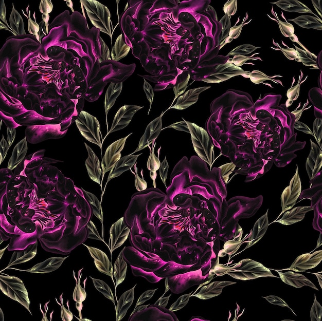 Watercolor seamless pattern with roses and peony flowers Illustration