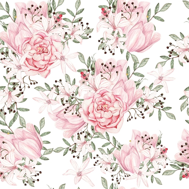 Watercolor seamless pattern with  roses and peony flowers Illustration