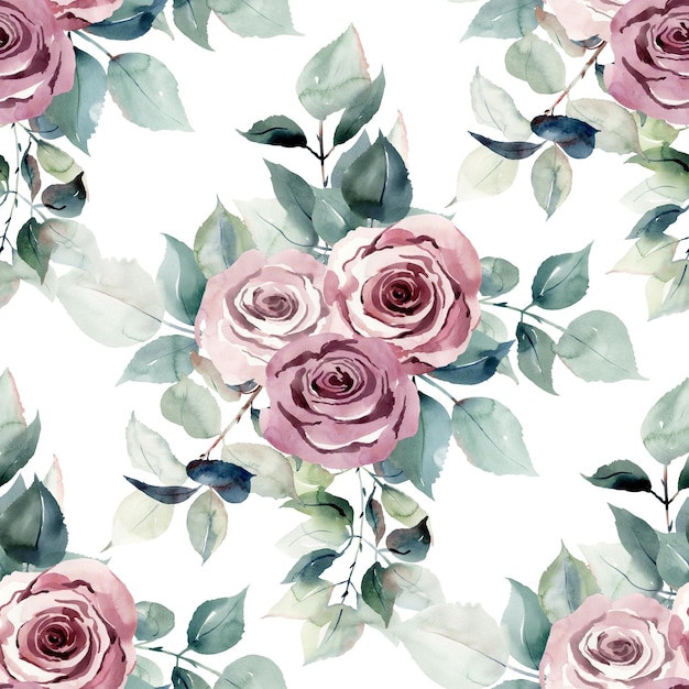 Watercolor seamless pattern with roses on the white background