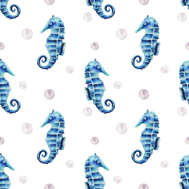 Watercolor seamless pattern with sea horses and pearls Hand painting clipart underwater life objects