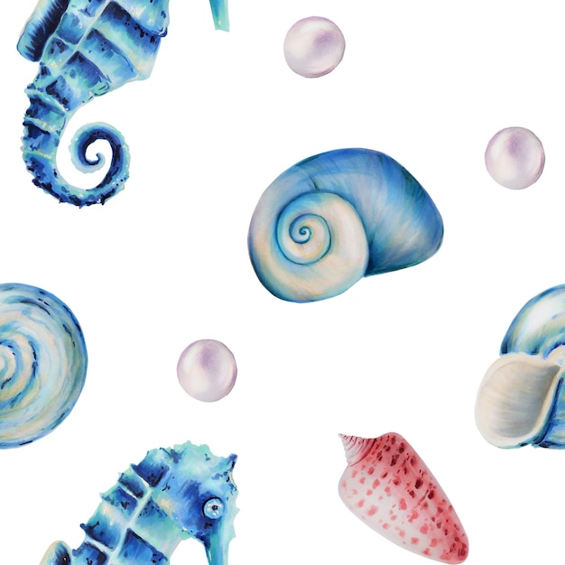 Watercolor seamless pattern with sea horses shells and pearls Hand painting clipart underwater life