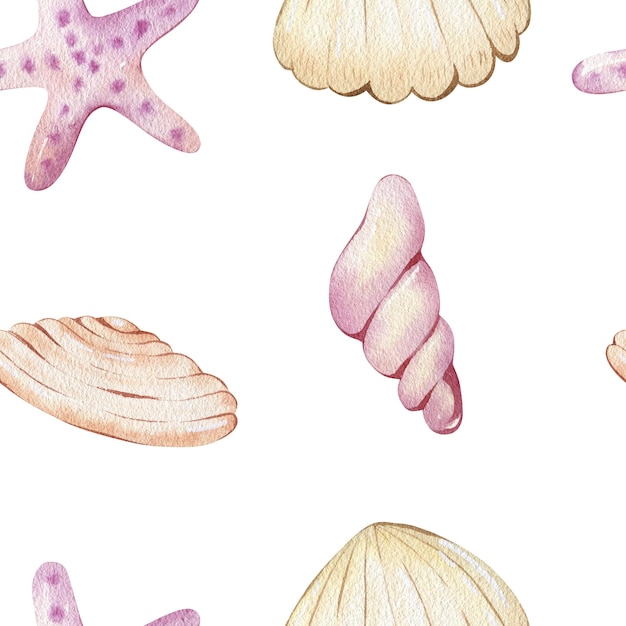 Watercolor seamless pattern with seashells on white background