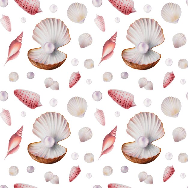 Watercolor seamless pattern with shells and pearls Hand painting clipart underwater life objects on