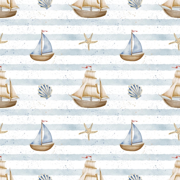 Photo watercolor seamless pattern with ships and yachts on striped background nautical background with childish boat for baby textile design or nursery wallpaper in pastel colors backdrop for kids