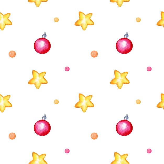 Watercolor seamless pattern with stars christmas balls hand drawn sketch Christmas illustration