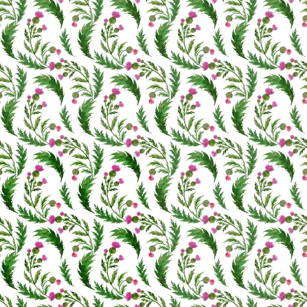 Watercolor seamless pattern with stylized twigs flowers and leaves