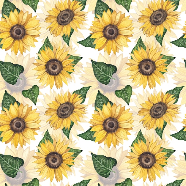 Photo watercolor seamless pattern with sunflowers and leaves on a white background background with yellow summer flowers pattern for wallpaper stationery textile background for design