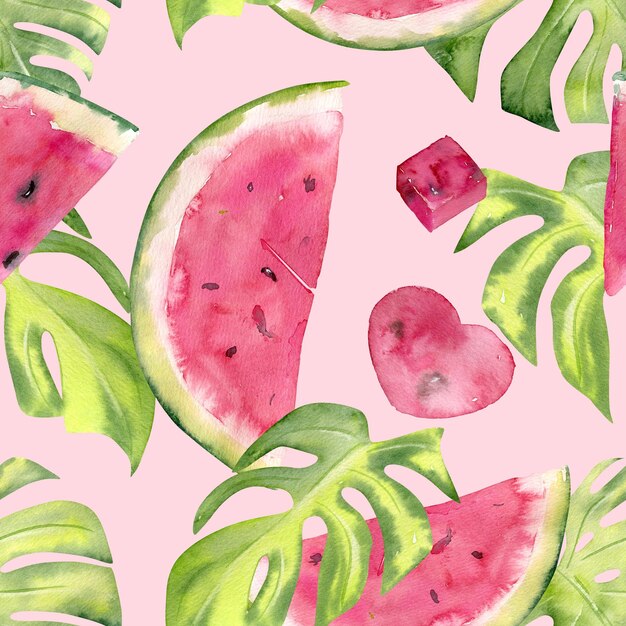 Watercolor seamless pattern with sweet juicy watermelon