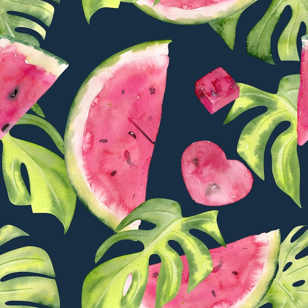 Watercolor seamless pattern with sweet juicy watermelon