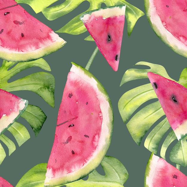 Watercolor seamless pattern with sweet juicy watermelon