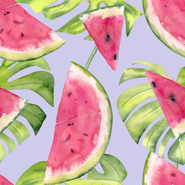 Watercolor seamless pattern with sweet juicy watermelon