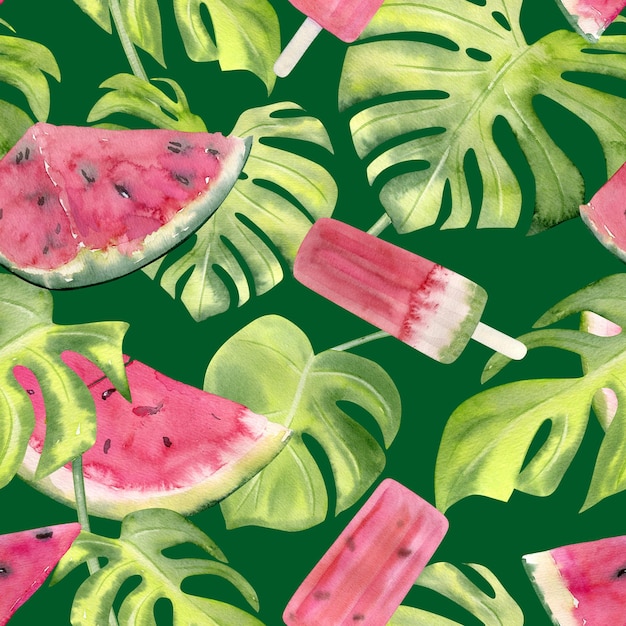 Watercolor seamless pattern with sweet juicy watermelon