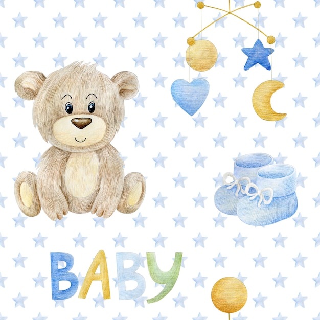 Watercolor seamless pattern with teddy bear and baby elements for boy