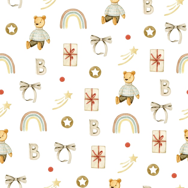 Watercolor seamless pattern with toy bear, rainbow, bow, star, gift box. Isolated on white.