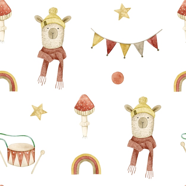 Watercolor seamless pattern with toy lama, stars, flags, amanita, drum. Isolated on white background