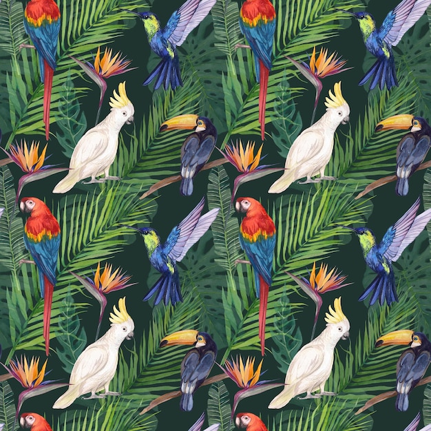 Photo watercolor seamless pattern with tropical birds and greenery illustration of cockatoo parrot macaw parrot hummingbird and toucan print with wild tropical nature and exotic birds