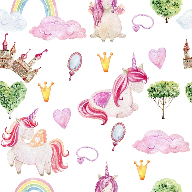 watercolor seamless pattern with unicorns Fairy tale background