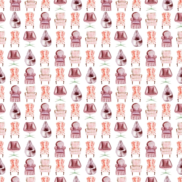 Watercolor seamless pattern with upholstered chairs and banquettes of different shapes