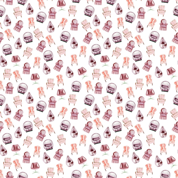 Watercolor seamless pattern with upholstered chairs and banquettes of different shapes