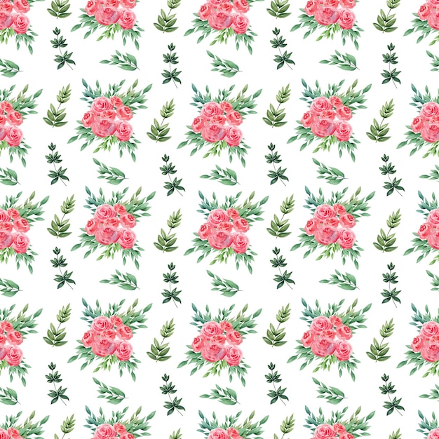 Watercolor seamless pattern with various decorative flowers and leaves