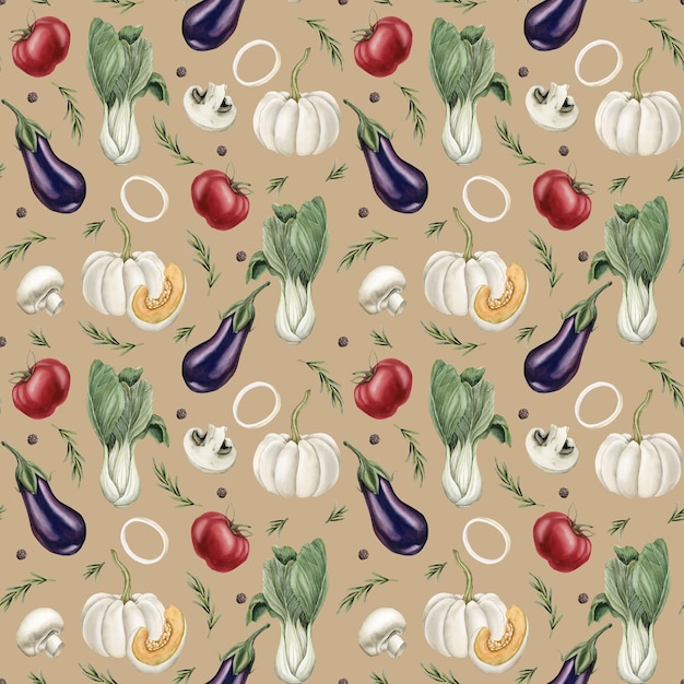 Watercolor seamless pattern with vegetables and spices on beige background design textile wrapping