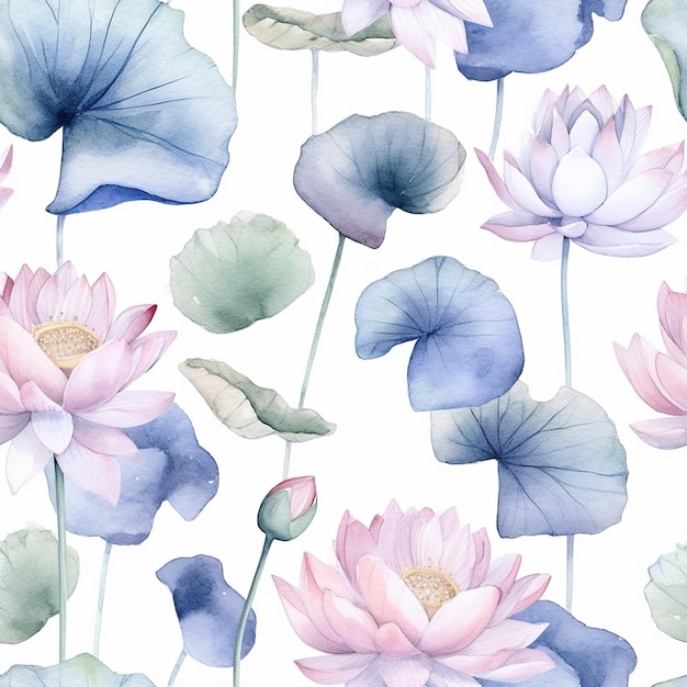 Watercolor seamless pattern with watercolor lotus flowers on a white background.