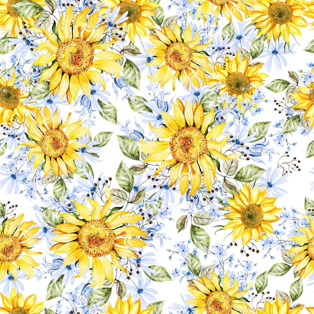 Photo watercolor seamless pattern with yellow and blue flowers illustration