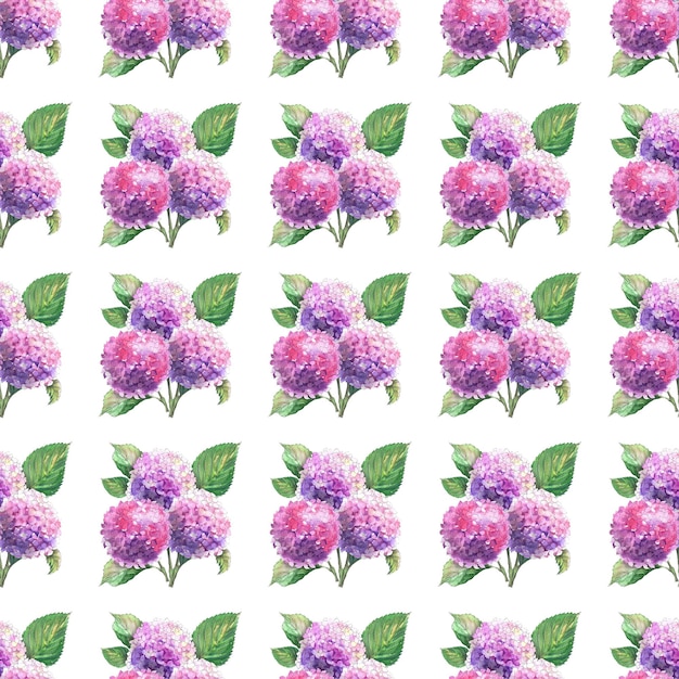 Watercolor seamless patterns with blooming hydrangea branches