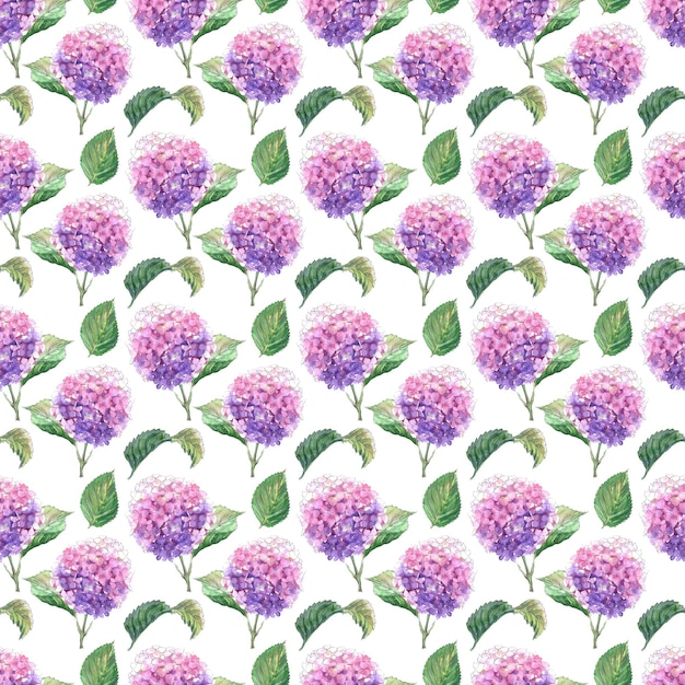 Watercolor seamless patterns with blooming hydrangea branches