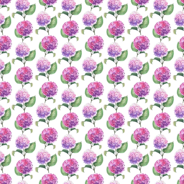 Watercolor seamless patterns with blooming hydrangea branches