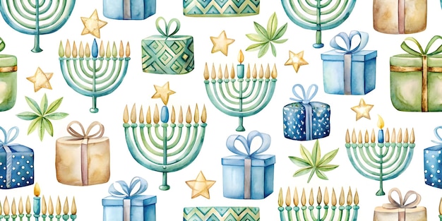 Photo watercolor seamless tiles of hanukkah candles in soy wax sustainable holiday decor pattern promoti