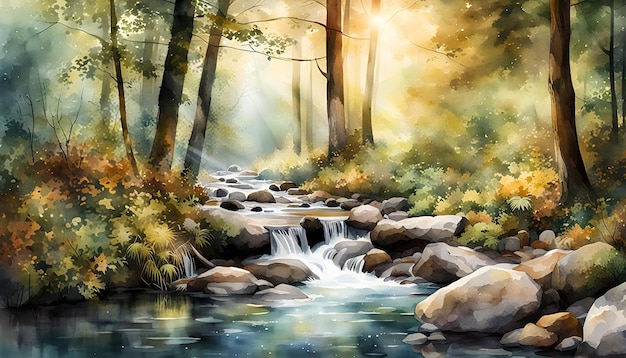 Watercolor serene forest with a babbling brook