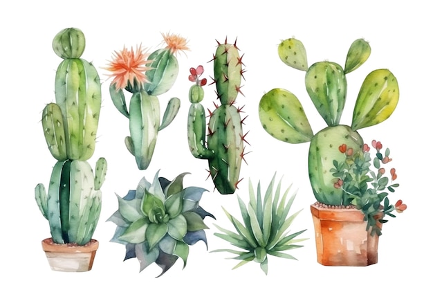 Watercolor set of cozy cute cacti and succulent plants Inspiration quotes Home gardening House plants AI generated illustration