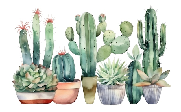 Watercolor set of cozy cute cacti and succulent plants Inspiration quotes Home gardening House plants AI generated illustration