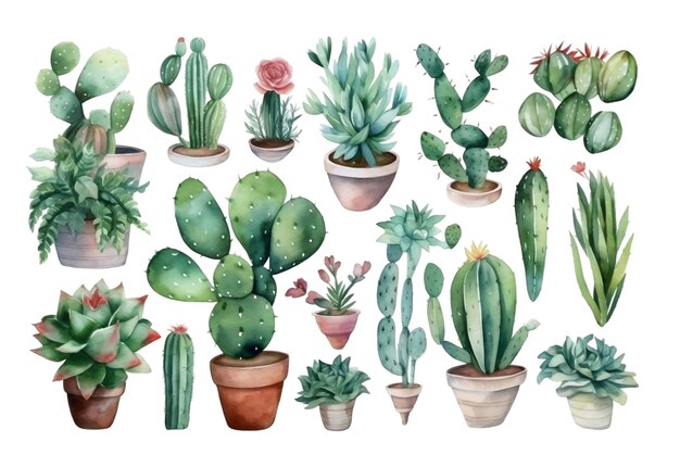 Watercolor set of cozy cute cacti and succulent plants Inspiration quotes Home gardening House plants AI generated illustration