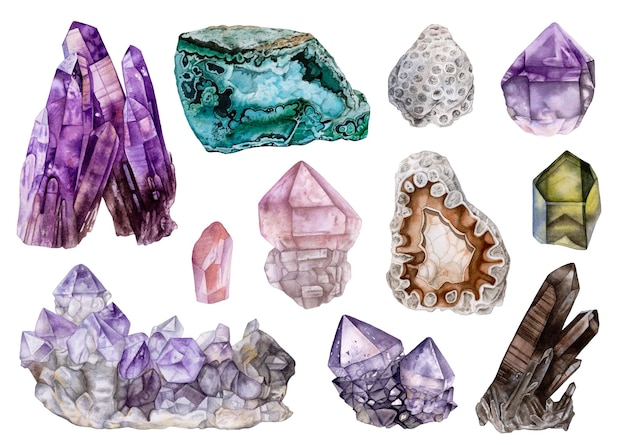 Watercolor set of crystals and gemstones isolated on white background.