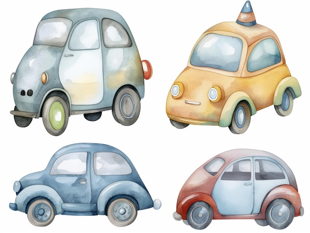 Watercolor set of cute cars isolated for cute baby design