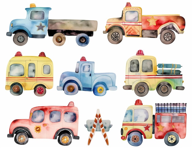 Watercolor set of cute cartoon trucks and fire engines for cute baby design