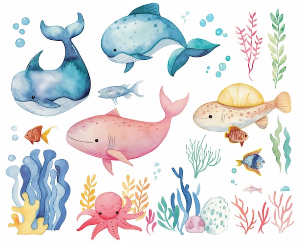 Watercolor set of cute fish and underwater animals for cute baby design