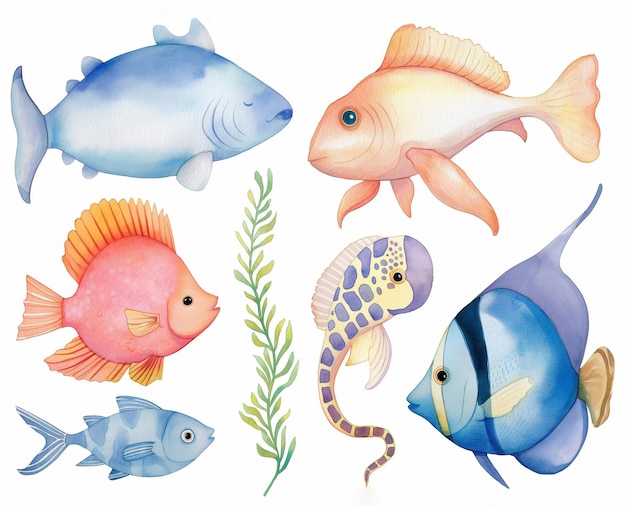 Watercolor set of cute fish and underwater animals for cute baby design