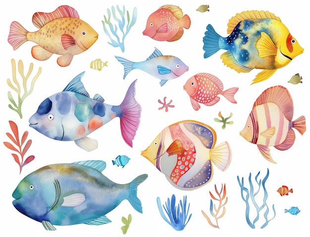 Watercolor set of cute fish and underwater animals for cute baby design