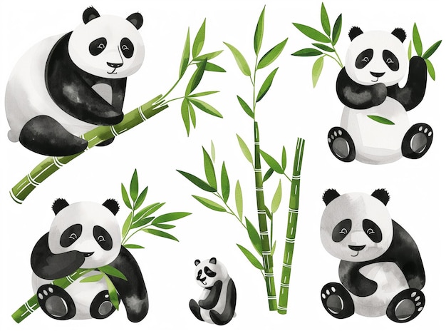 Watercolor set of cute panda bears and bamboo leaves for cute baby design