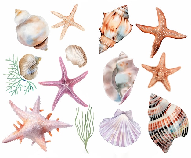 Watercolor set of cute underwater starfish shell and algae for cute baby design