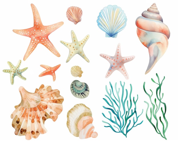 Watercolor set of cute underwater starfish shell and algae for cute baby design